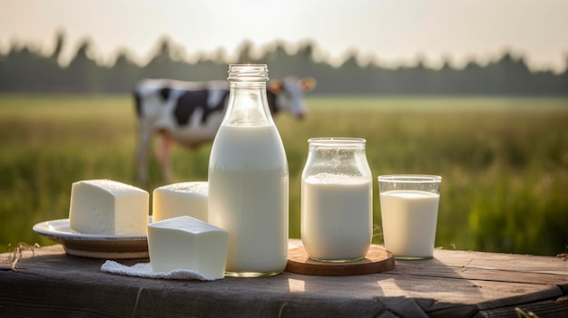 Een fles melk een glas melk en een bord kaas op een tafel voor een weiland met koeien Generatieve AI