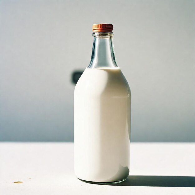 een fles melk zit op een tafel