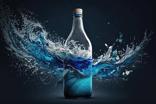 Een fles met blauwe waterspatten