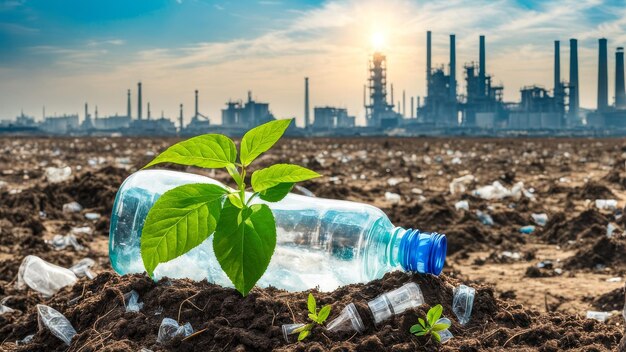 Een fles met een plant die erin groeit en op de bodem een vervuilde plaats milieu leven op aarde