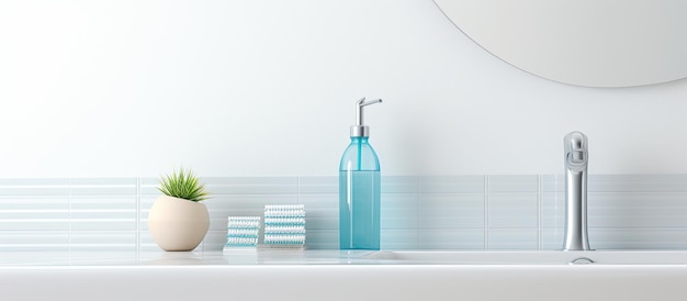 Een fles mondspoeltandenborstels en flosdraad staan netjes op een wit aanrechtblad