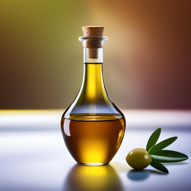 Een fles olijfolie naast een groene olijftak.