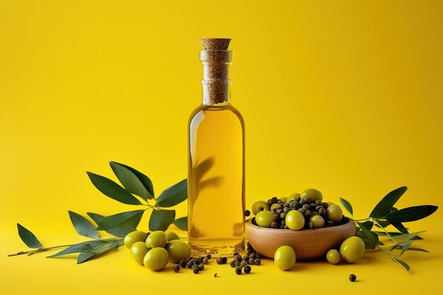 Een fles olijfolie naast een kom zwarte peper.