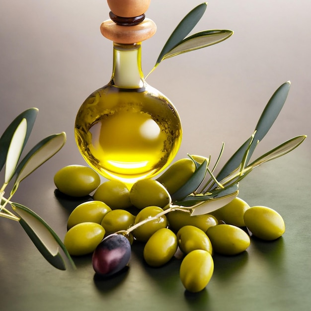 een fles olijfolie naast olijven en olijven.