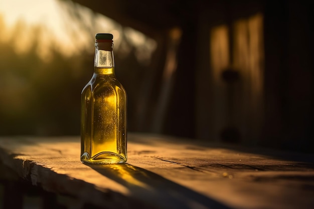 Een fles olijfolie staat op een houten tafel in de zon