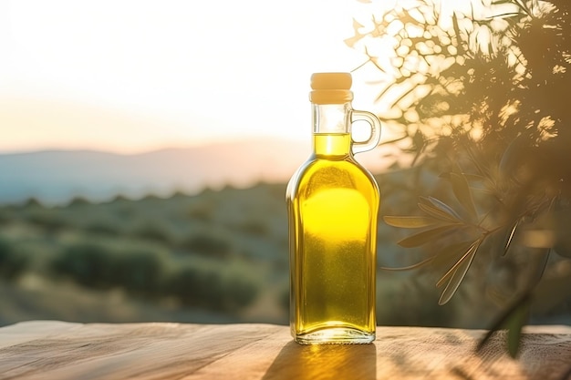 Een fles olijfolie staat op een houten tafel voor een zonsondergang.