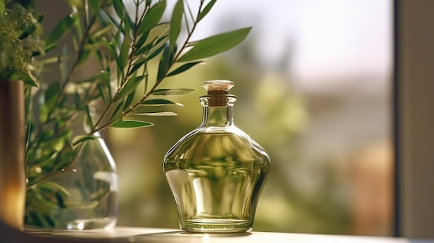 Een fles olijfolie staat op een tafel met een plant op de achtergrond.