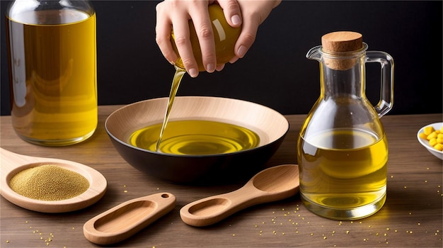 Foto een fles olijfolie wordt in een kom gegoten.