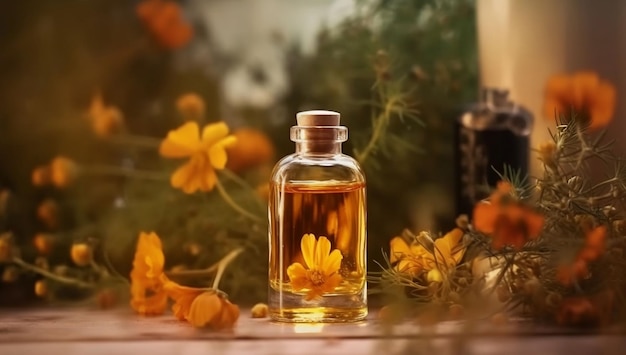 Een fles oranje bloemen staat op een tafel naast een kaars