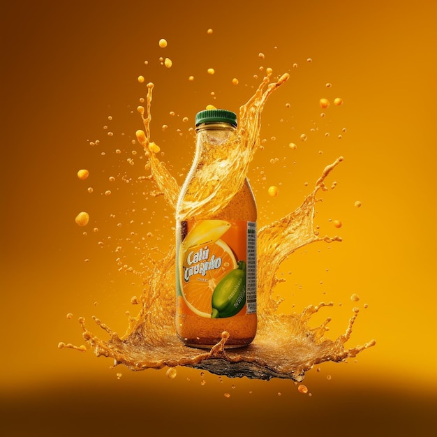 een fles oranje frisdrank met een groene dop erop