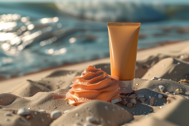 Foto een fles oranje vloeistof zit op een zandstrand