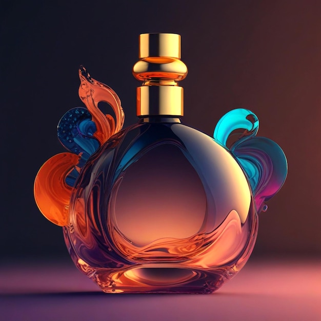 een fles parfum met een blauwe en oranje achtergrond