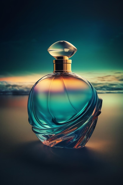 Een fles parfum met een blauwe en oranje achtergrond.