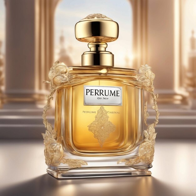 Een fles parfum met een gouden top waarop parfum staat.