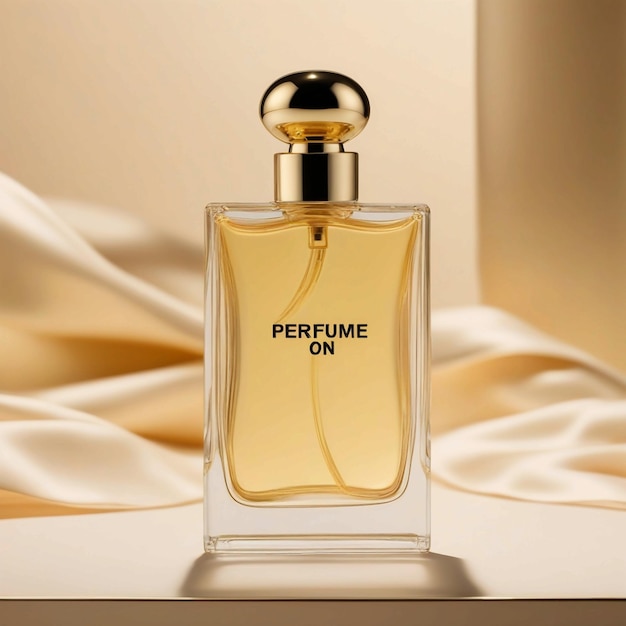 Een fles parfum met een gouden top waarop parfum staat.