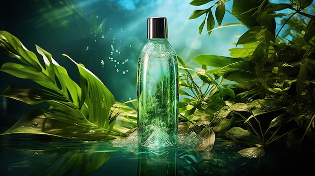 Een fles parfum met een groene achtergrond