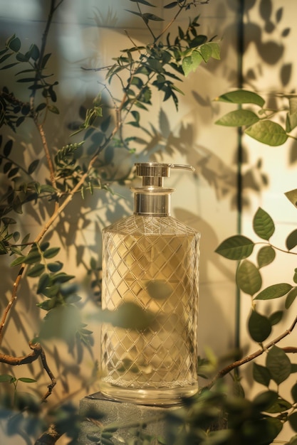 een fles parfum met een witte mesh deksel en een groene bladvormige plant erachter