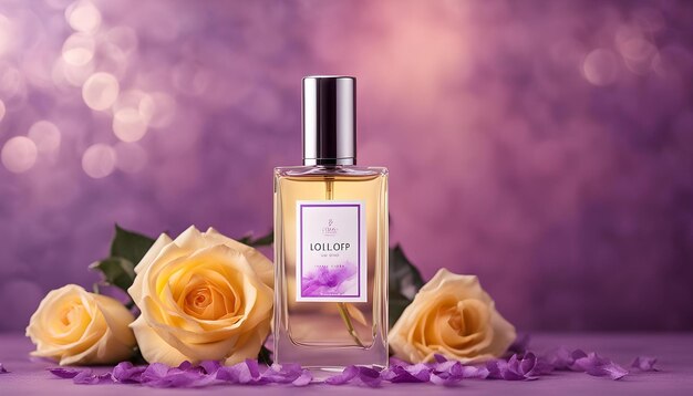 een fles parfum met gele rozen op een paarse achtergrond