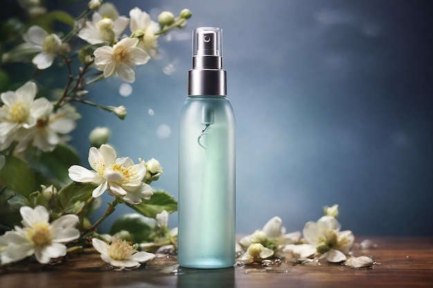Een fles parfum met jasmijnbloemen op tafel tegen een blauwe achtergrond