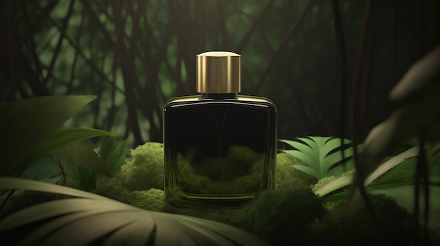 Een fles parfum mock up in een jungle met een groene achtergrond