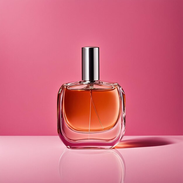 Foto een fles parfum op een roze achtergrond