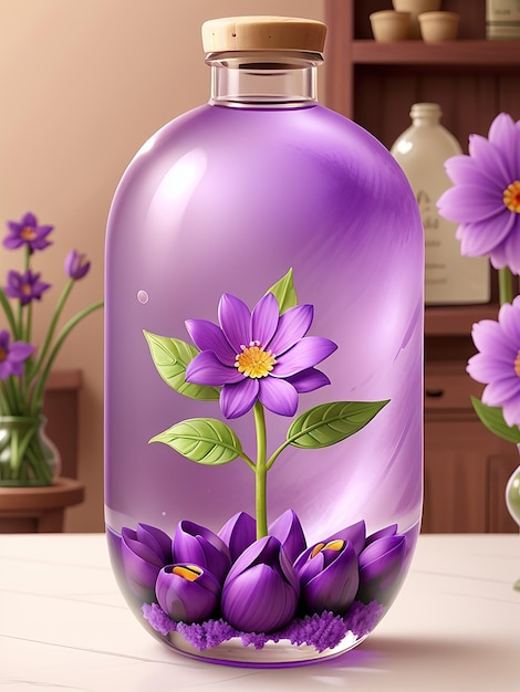 Foto een fles parfum wordt elegant tentoongesteld naast een prachtige boeket paarse bloemen