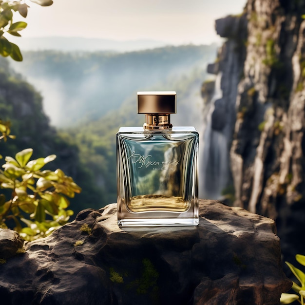 Een fles parfum zit op een rots met een waterval op de achtergrond.