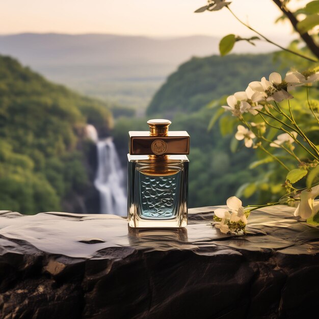 Een fles parfum zit op een tafel met een waterval op de achtergrond.