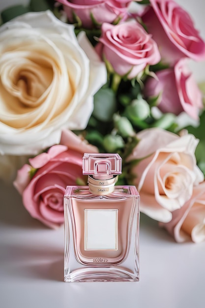 Een fles premium parfum omringd door een boeket verse rozen Aigenerated