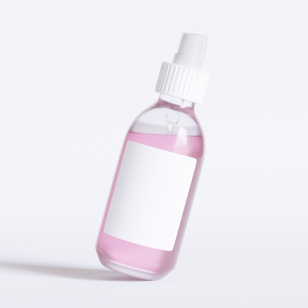 een fles roze vloeistof met een wit vierkant bovenop