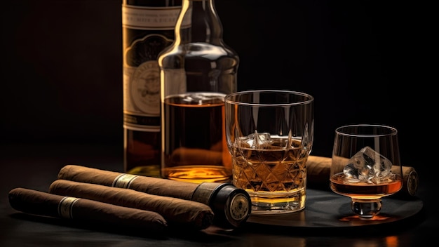 Een fles Schotse whisky en twee sigaren op een tafel