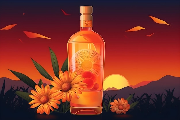 Een fles sinaasappellikeur met bloemen op de bodem.