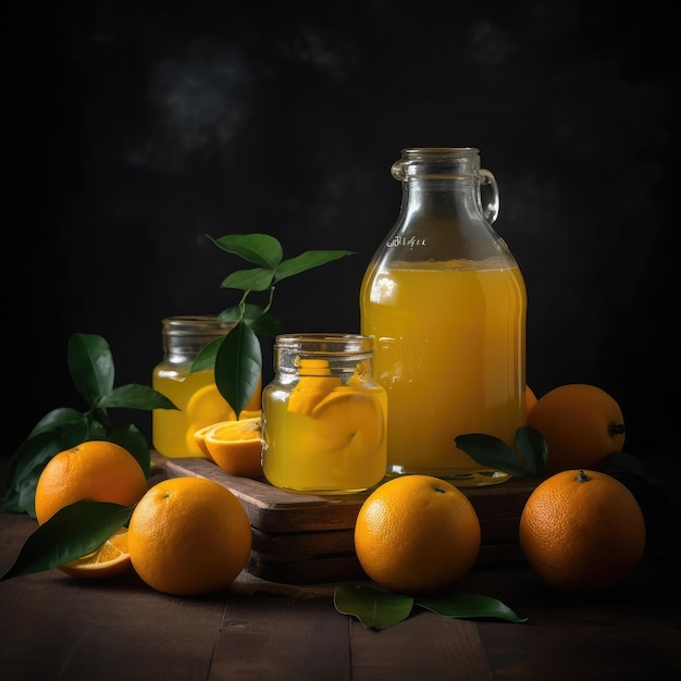 Een fles sinaasappelsap met een paar citroenen erbij.