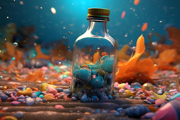 Een fles stenen zit op de grond met een kleurrijke achtergrond.