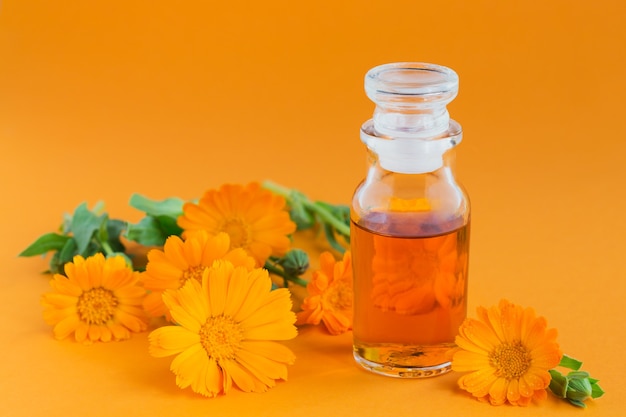 Een fles tinctuur van goudsbloem, met verse calendulabloemen op sinaasappel