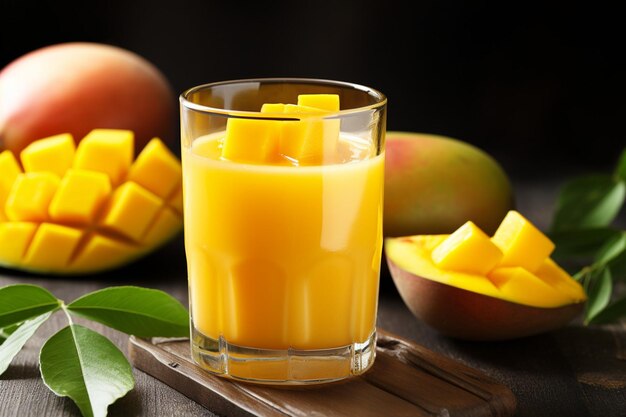 Een fles vers geperst mango sap met druppels die op het oppervlak condenseren