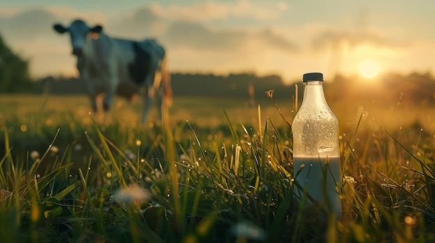 Een fles verse melk op een grasveld.