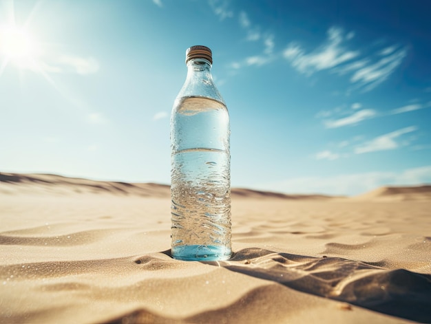 Een fles water in het midden van een zandwoestijn.