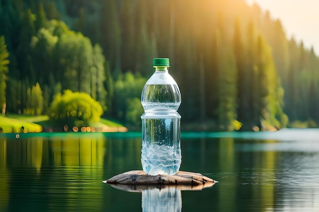 Een fles water met een groene dop staat op een rots voor een bergmeer.