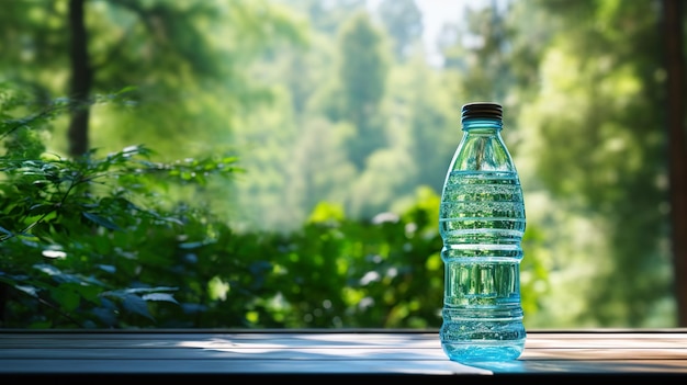 Een fles water met water op de zijkant.