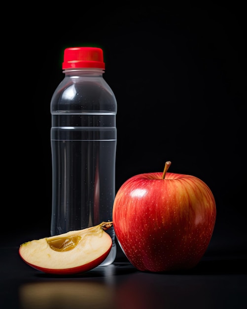 een fles water naast een appel en een appel.