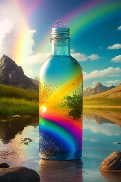 Een fles water omgeven door een glinsterende regenboog van kleuren tegen een ongerept decor