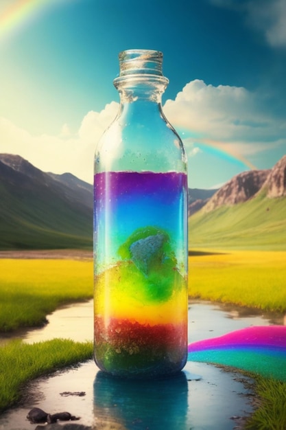 Een fles water omgeven door een glinsterende regenboog van kleuren tegen een ongerept decor