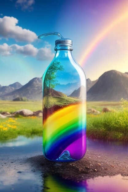 Een fles water omgeven door een glinsterende regenboog van kleuren tegen een ongerept decor