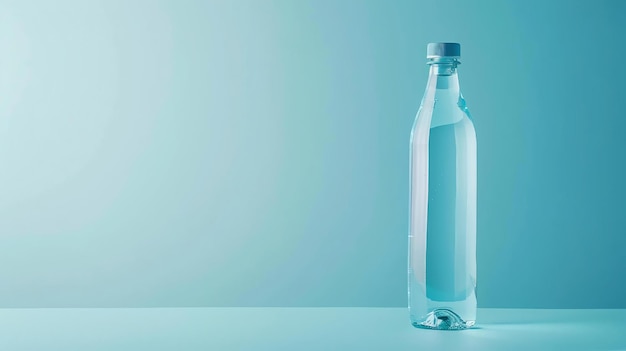 Een fles water op een blauwe achtergrond De fles is van plastic en half vol water De fles heeft een blauwe dop