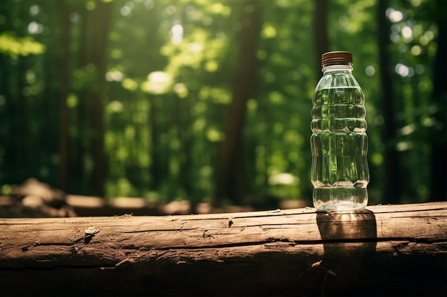 Een fles water op een houten tafel in een bos
