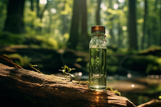 Een fles water op een houten tafel in een bos