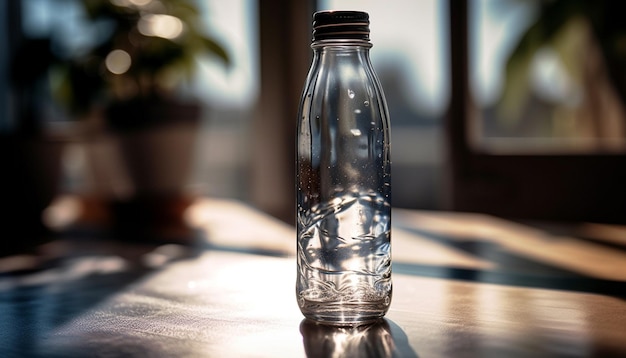 Een fles water op een tafel met een plant op de achtergrond