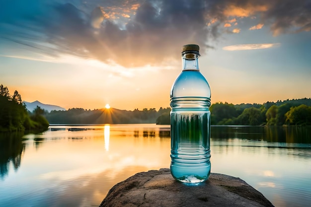 Een fles water staat op een rots met daarachter de ondergaande zon.