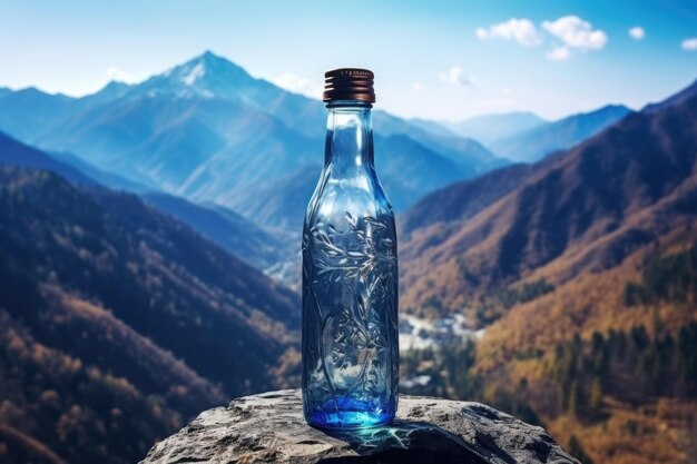 Een fles water wordt op een rots geplaatst deze afbeelding kan worden gebruikt om hydratatie, natuur, buitenactiviteiten of milieubescherming weer te geven